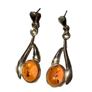 Vtg Sterling &Amber Leaf Motif Oval Drop Stud Earrings 1.3”